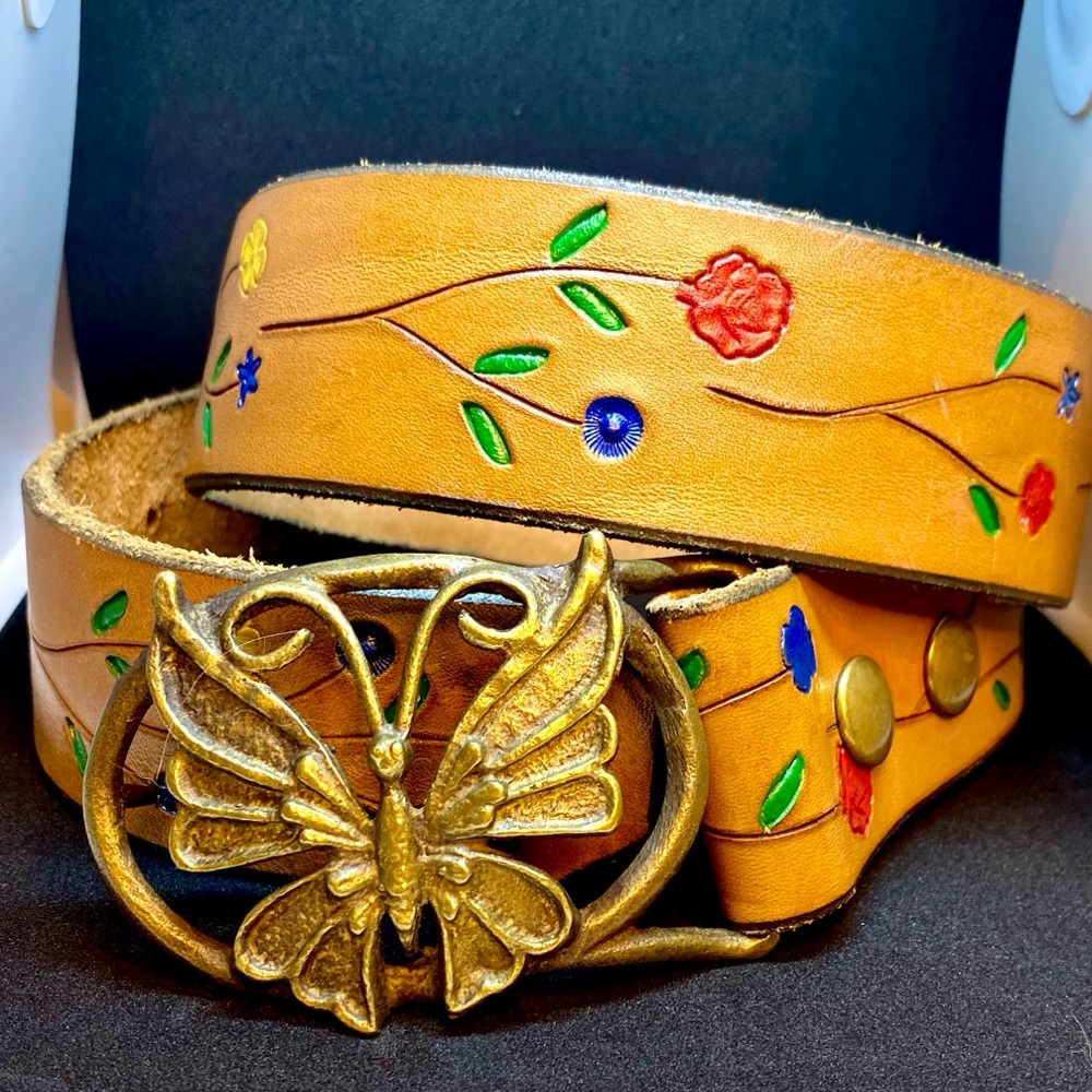 Vintage Leather Belt With Painted Flowers